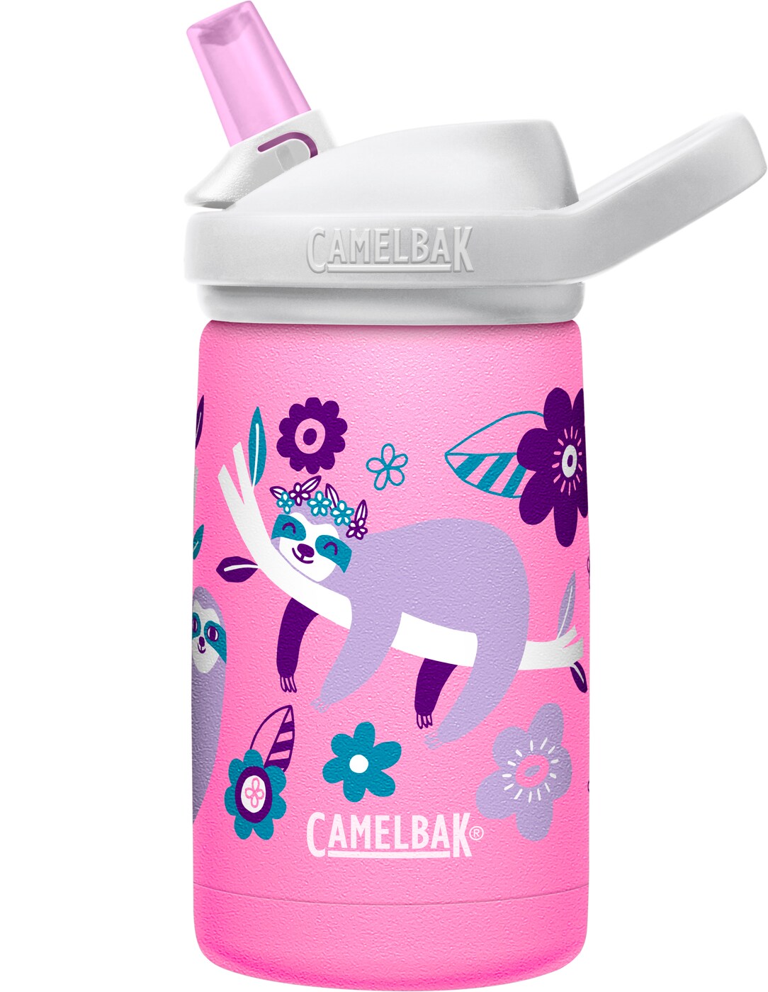 Rosa Camelbak drikkeflaske til barn i stål med sugerør med dovendyr som sover på en grein